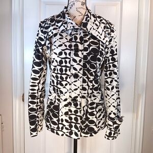 NWOT Dalia Women's Short Tailored Trench Coat Black White Patterened Size 10P